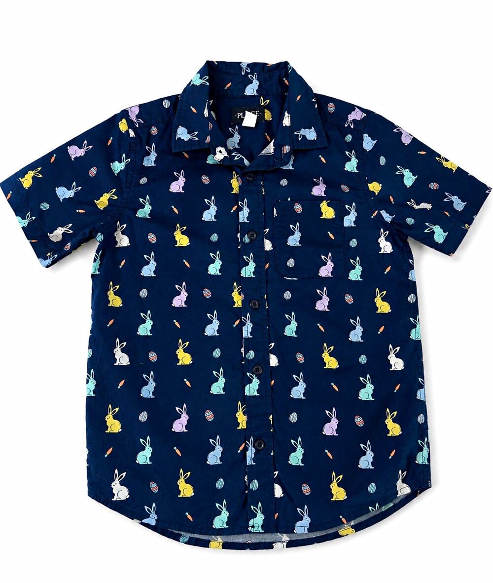 The Children's Place Boys M Cotton Bunny Easter Button-Up Shirt Blue Pockets